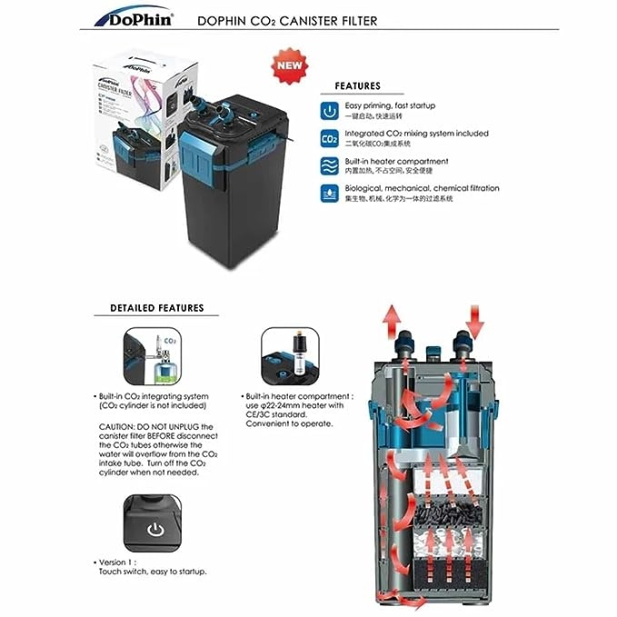 AquaNature Dophin Aquarium Cannister Filter with Inbuilt Heater Compartment and Co2 Diffuser CF-12508