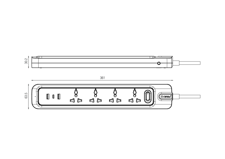 وصلة كهرباء 4 مداخل ينوفيرسال مع مخرج   USB + TYPE-C // 3M