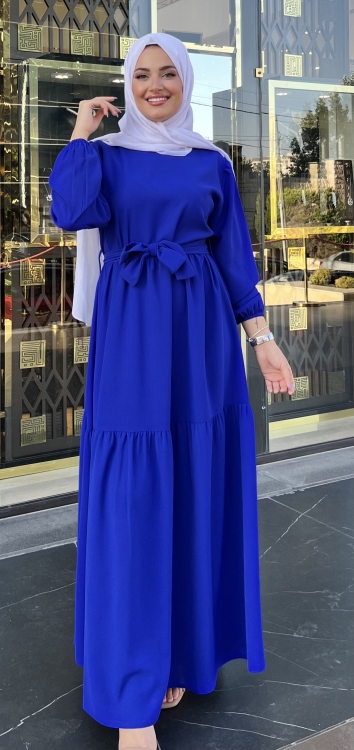 Lantern Sleeve Ruffle Hem Belted Dress