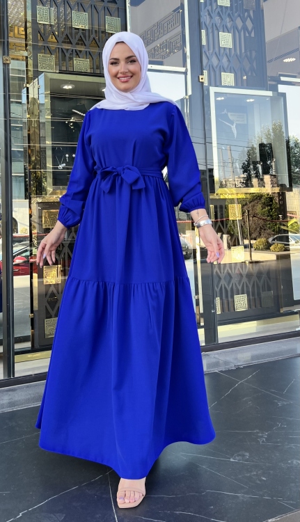 Lantern Sleeve Ruffle Hem Belted Dress