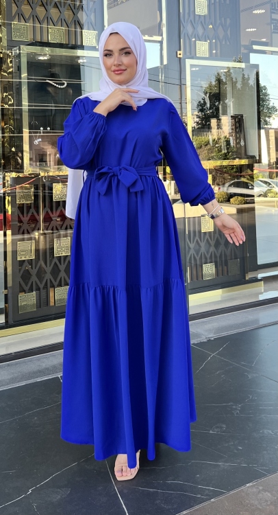 Lantern Sleeve Ruffle Hem Belted Dress