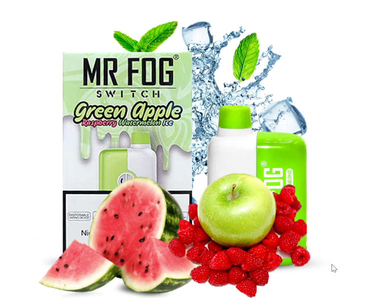 Mr. Fog Switch Green Apple Raspberry Watermelon Ice 5500 Puff, ,Rechargeable, Disposable, Vape Device 