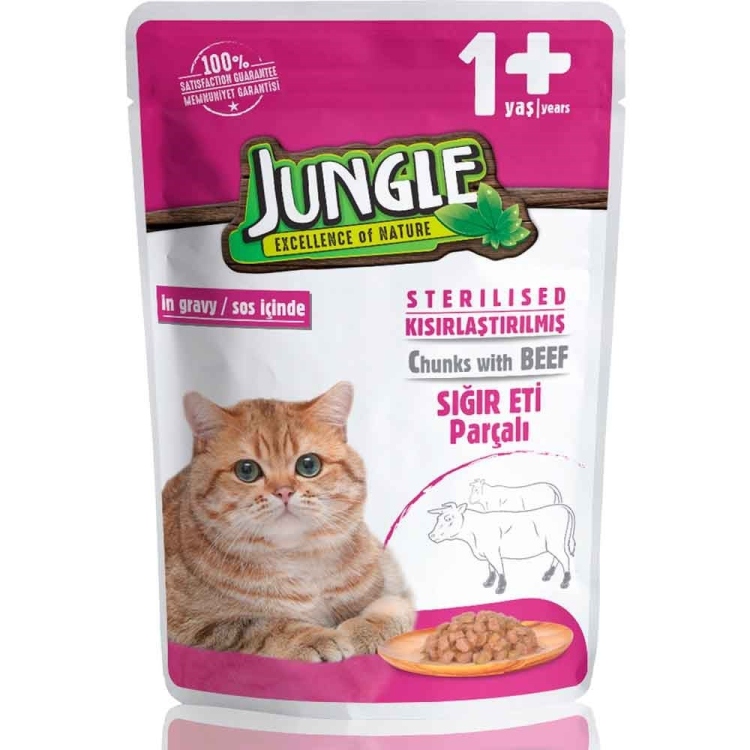 jungle wet food for sterilised cats chunks with beef