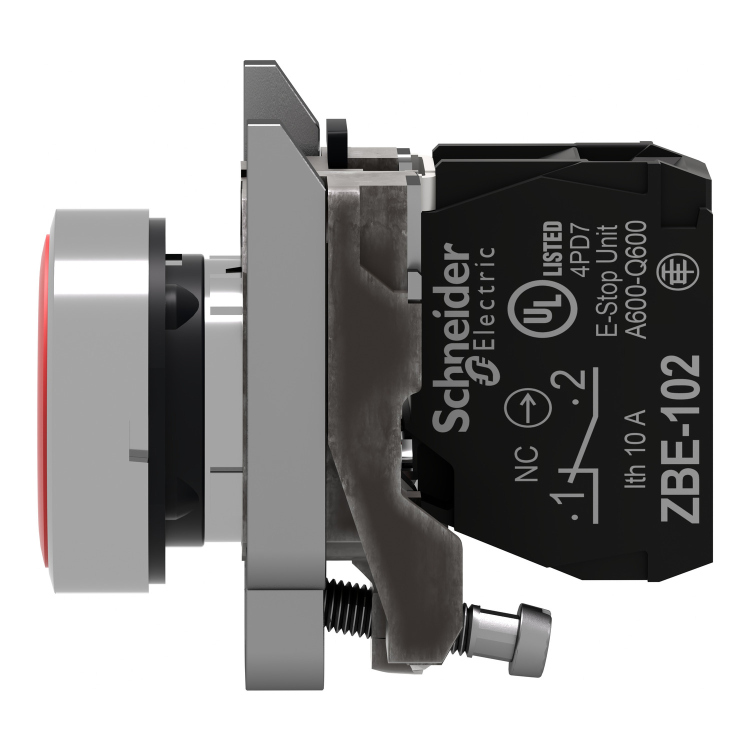 XB4BA4322 Product picture Schneider Electric  XB4BA4322 Product picture Schneider Electric + 6 + 6 1 الفيديوهات زر ضغط (بوش بوتن) مسطح (غاطس) كامل أحمر، بقطر 22 مم، آلية عودة الزنبرك، نقطة تلامس واحدة في وضع الغلق NC ومحدد بالرمز "O"