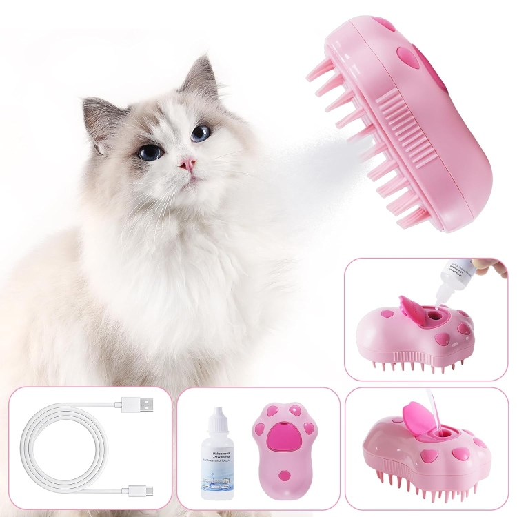 Cat Steam Brush - Self Cleaning Steamy Massage Brush for Indoor Cats, Removing Shedding, Tangled and Loose Hair - Cat Paw Model