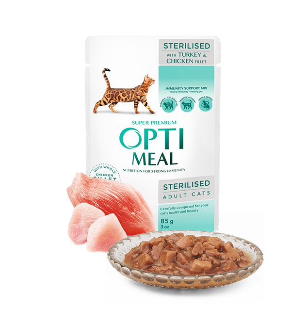 Opti meal Wet cat food for sterilised cats with TURKEY and CHICKEN FILLET in sauce 85g