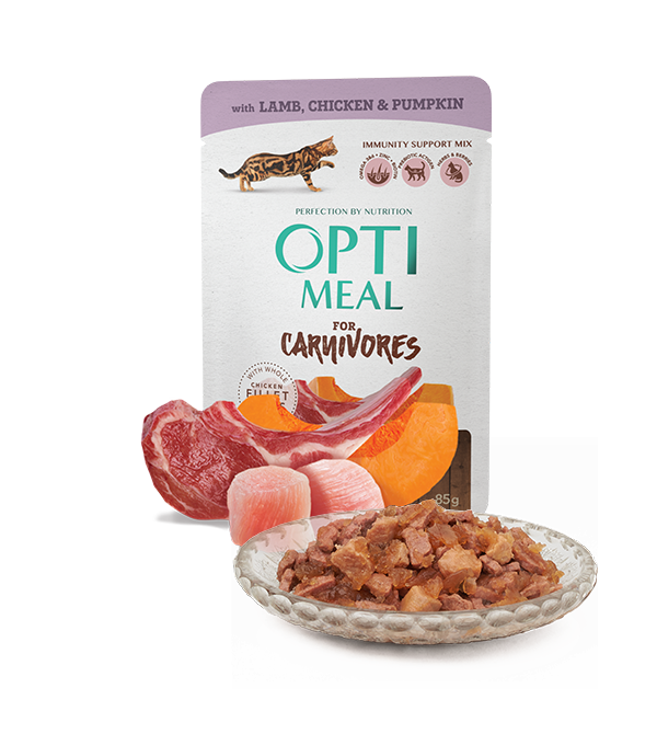 Opti meal Grain free complete сanned pet food for adult cats with lamb and chicken fillet in pumpkin jelly 85g