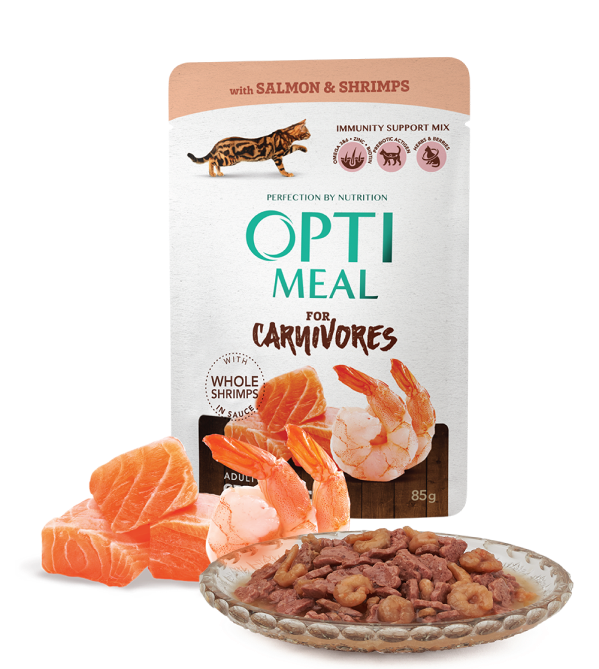 Opti meal Canned pet food with salmon and shrimps in sauce 85g