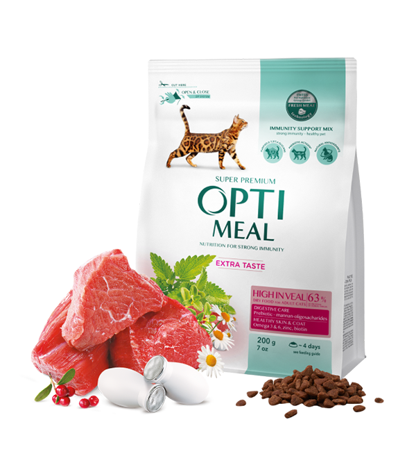 Opti meal Dry For Adult Cats High In Veal (200+100)300gm