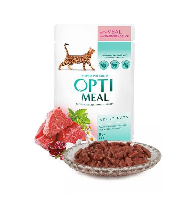 Opti meal Wet food for adult cats with VEAL in cranberry sauce 85g