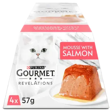 purina gourmet mousse with salmon and a cascading gravy