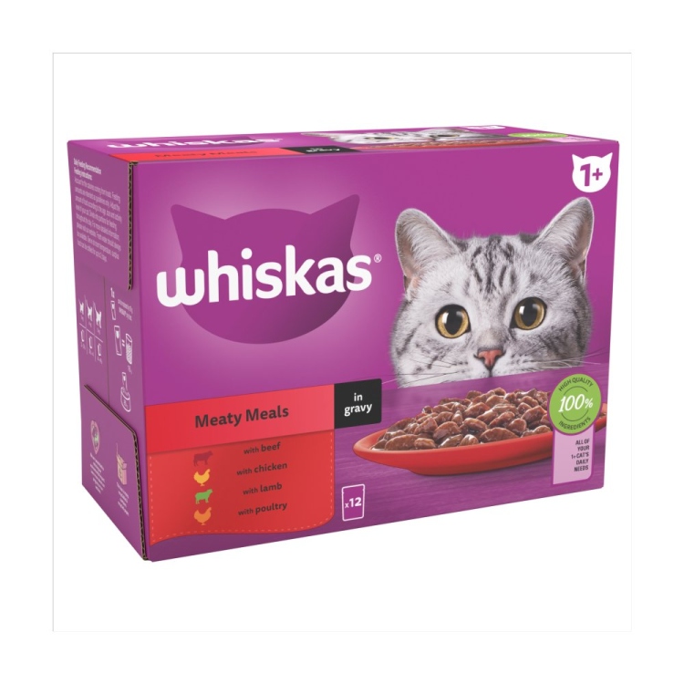 Whiskas 1+ Meaty Meals Adult Wet Cat Food Pouches in Gravy