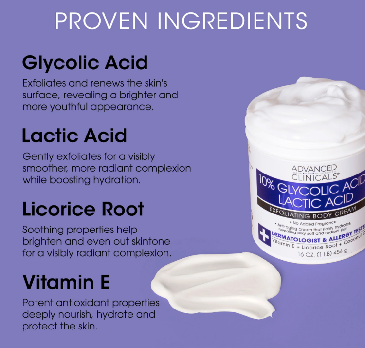 Advanced Clinicals, 10% Glycolic Acid + Lactic Acid Body Cream