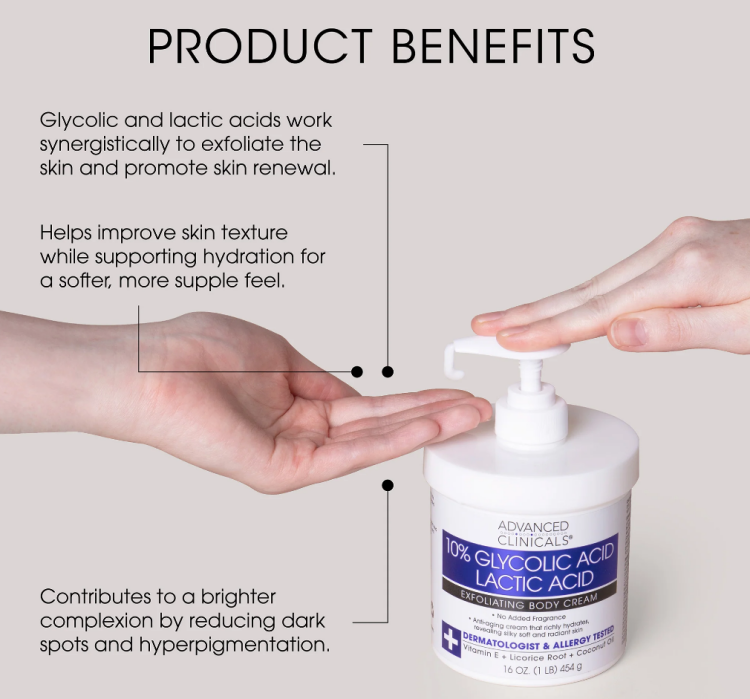 Advanced Clinicals, 10% Glycolic Acid + Lactic Acid Body Cream