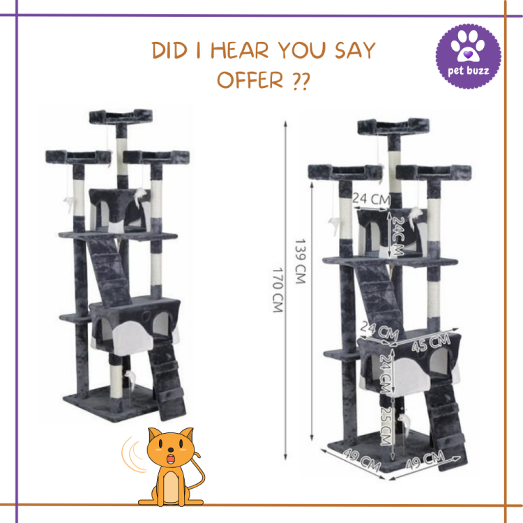 Multi-Level Cat Tree for Large Cats with Sisal Covered Scratching Posts, Padded Platform, Hammock and Kennel, Stable Cat Tower, Pet Playhouse, Smoke Gray 170CM