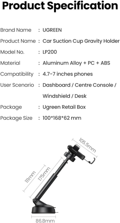 UGREEN LP200 60990B GRAVITY PHONE HOLDER WITH SUCTION CUP BLACK