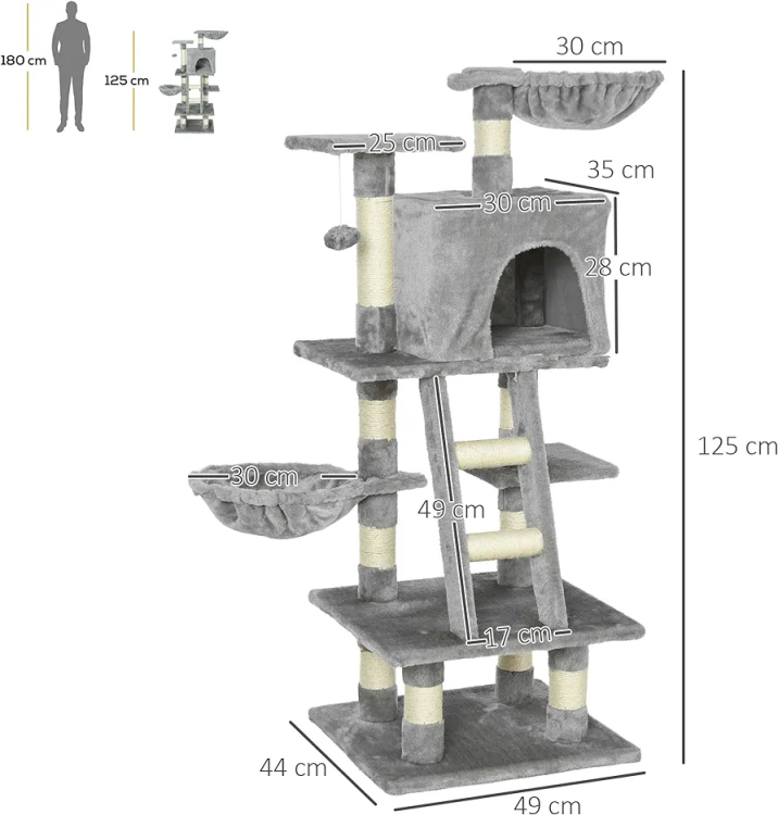 PawHut 125cm Multi-Activity Cat Tree w/ House Baskets Ladder Scratch Post Grey