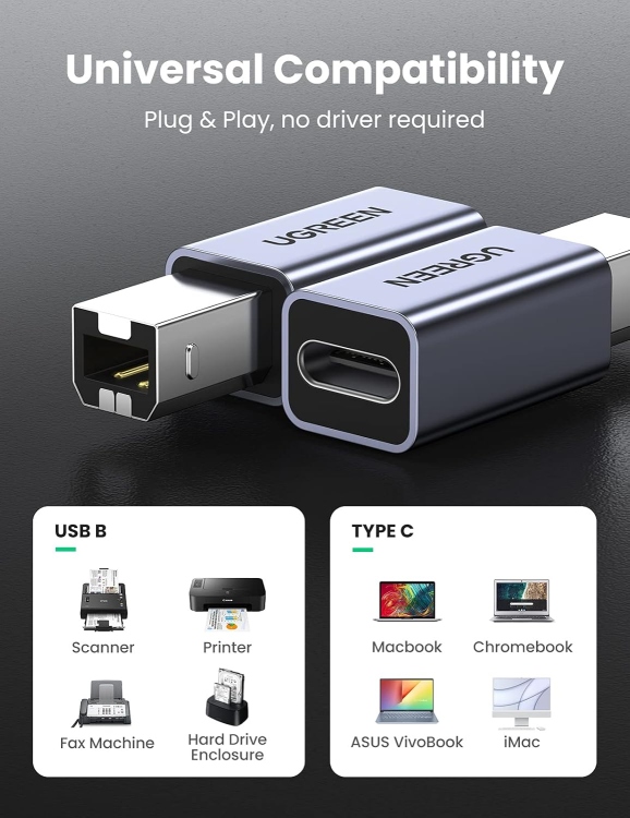 UGREEN USB2.0 USB-C/F TO USB2.0 B/M
ADAPTER ALUMINUM CASE US382  20120