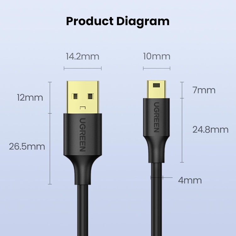 UGREEN USB 2.0 A MALE TO MINI 5 PIN MALE
CABLE 0.5M (BLACK) US132 10354
