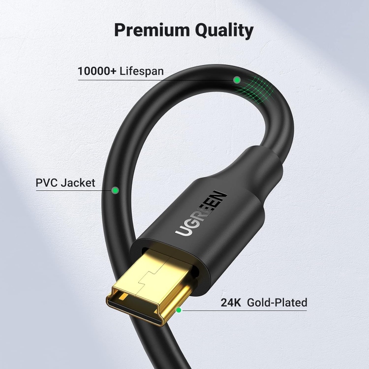 UGREEN USB 2.0 A MALE TO MINI 5 PIN MALE
CABLE 0.5M (BLACK) US132 10354