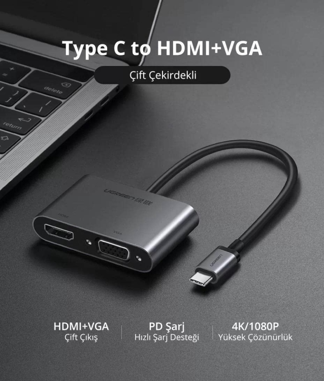 UGREEN USB-C TO HDMI + VGA +USB 3.0 ADAPTER WITH PD (SPACE GRAY)  CM162 50505