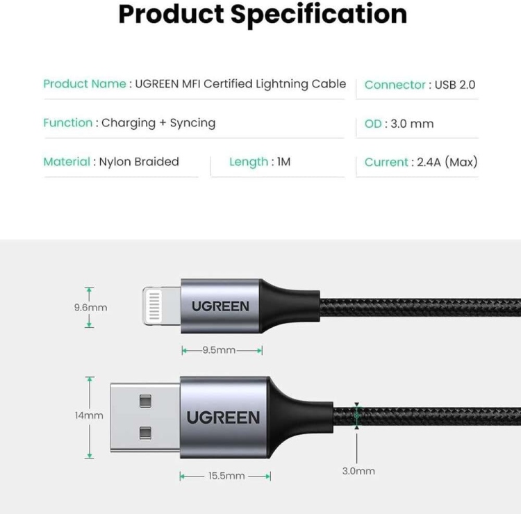 UGREEN US199 60163 LIGHTNING TO USB 2.0 A
MALE CABLE SLIVER 2M