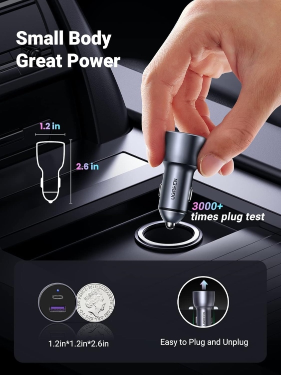 UGREEN CD213 60980 USB-C PD+USB-A QC
W FAST CAR CHARGER GREY(30+22.5)
