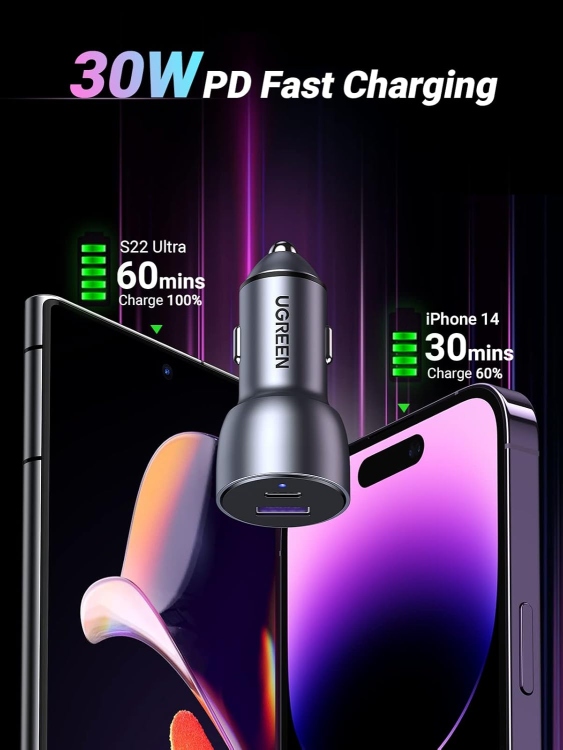 UGREEN CD213 60980 USB-C PD+USB-A QC
W FAST CAR CHARGER GREY(30+22.5)