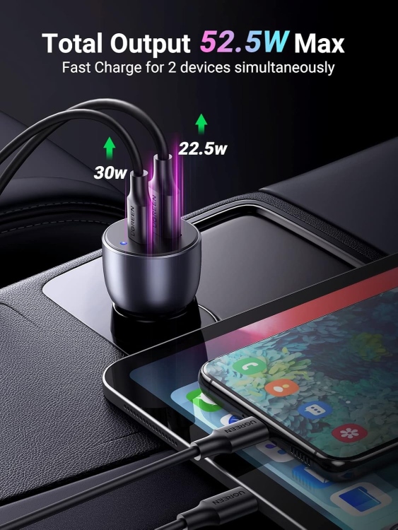 UGREEN CD213 60980 USB-C PD+USB-A QC
W FAST CAR CHARGER GREY(30+22.5)