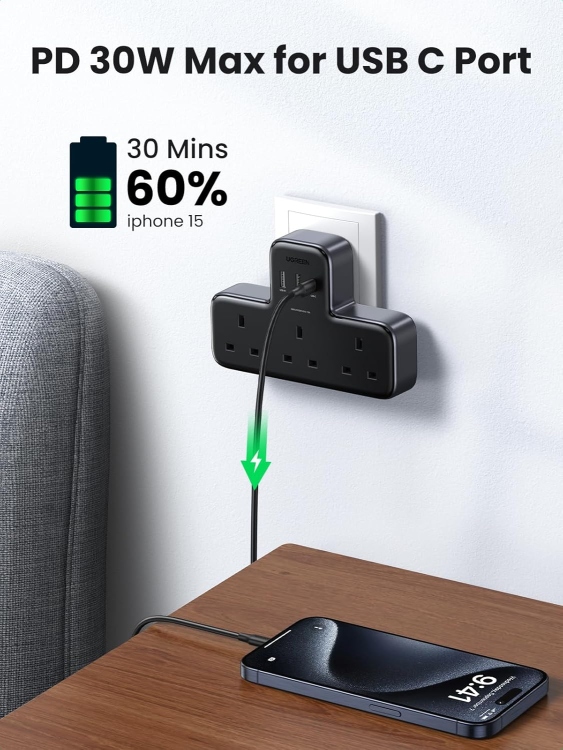 UGREEN S530 15360 DIGINEST POWER STRIP(3 A
OUTLETS + 30W 2A1C) UK