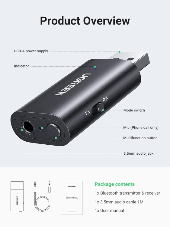 UGREEN USB 2.0 TO 3.5MM BLUETOOTHTRANSMITTER/RECEIVER ADAPTER WITH A CABLE 60300