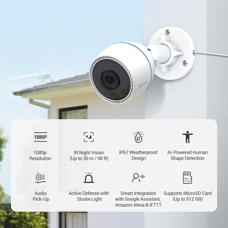 EZVIZ H3C 2MP COLOR - OUTDOOR WI-FI COLOR NIGHT VISION -SUPPORTS MICROSD CARD1 (UP TO 512 GB) - SUPPORTS EZVIZ CLOUDPLAY STORAGE2