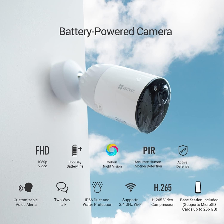 EZVIZ BC1-B1 4MP 2K  WI-FI CAMERA KIT - 2.8MM - 12,900 MAH - 2.4 GHZ WI-FI- IP66 - MICROSD CARDS UP TO 256 GB