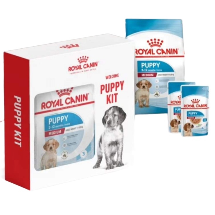 رويال كانين Medium Puppy  + ظرفان من طعام رطب للجراء