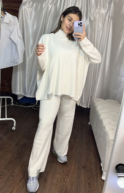 Drop Shoulder Knit Blouse & Pants Set