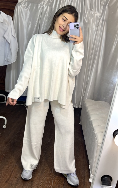 Drop Shoulder Knit Blouse & Pants Set