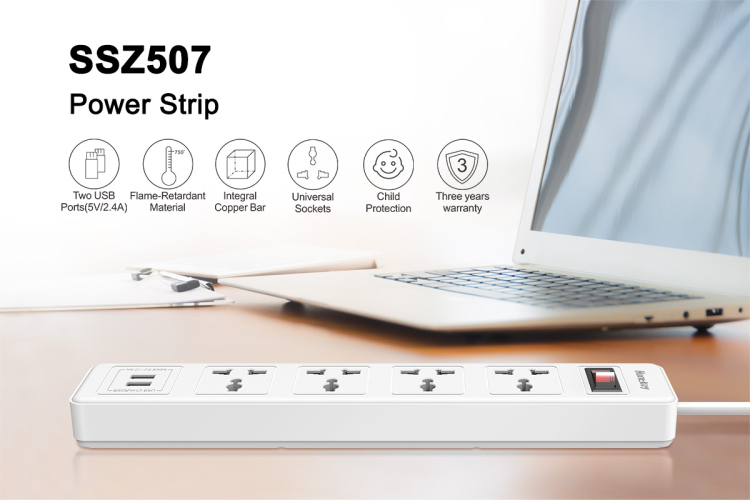 HUNTKEY SSZ507 4PORT + 2USB PORT POWER STRIP 3M