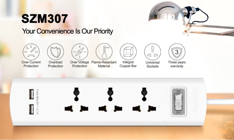 HUNTKEY SZM307 POWER STRIPS,  USB PORTS (2.1 AMP) 2M