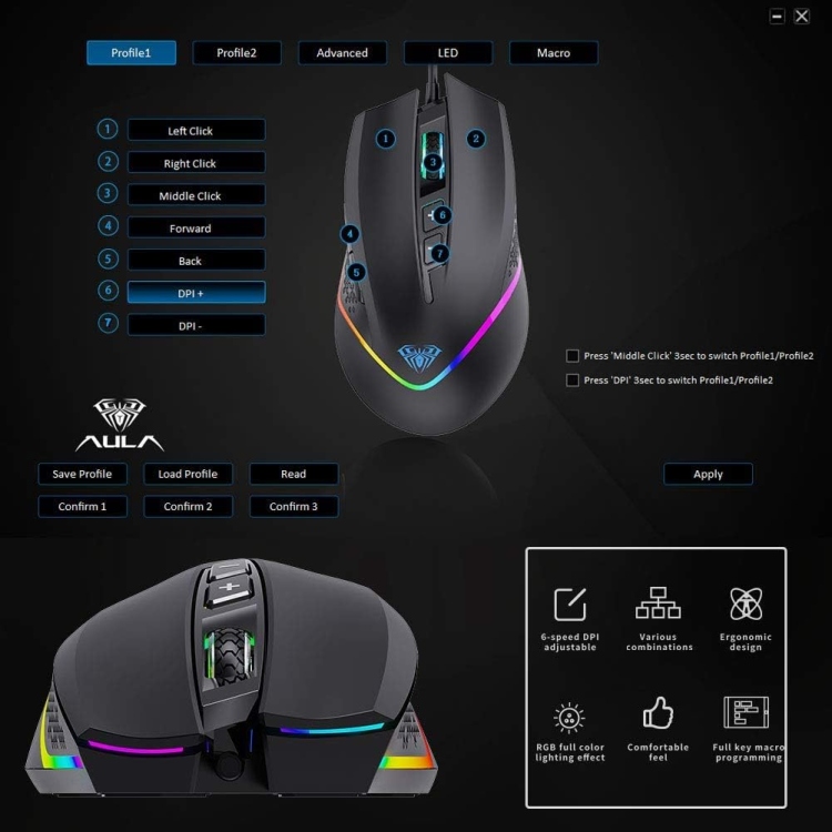 AULA F805 WIRED OPTICAL MOUSE WITH 6 KEYS