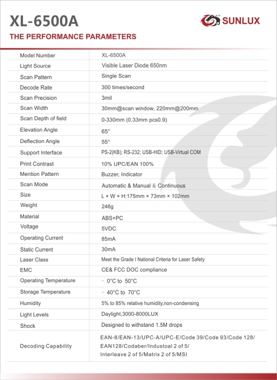 SUNLUX BARCODE SCANNER USB WIRED 1D XL-6500A