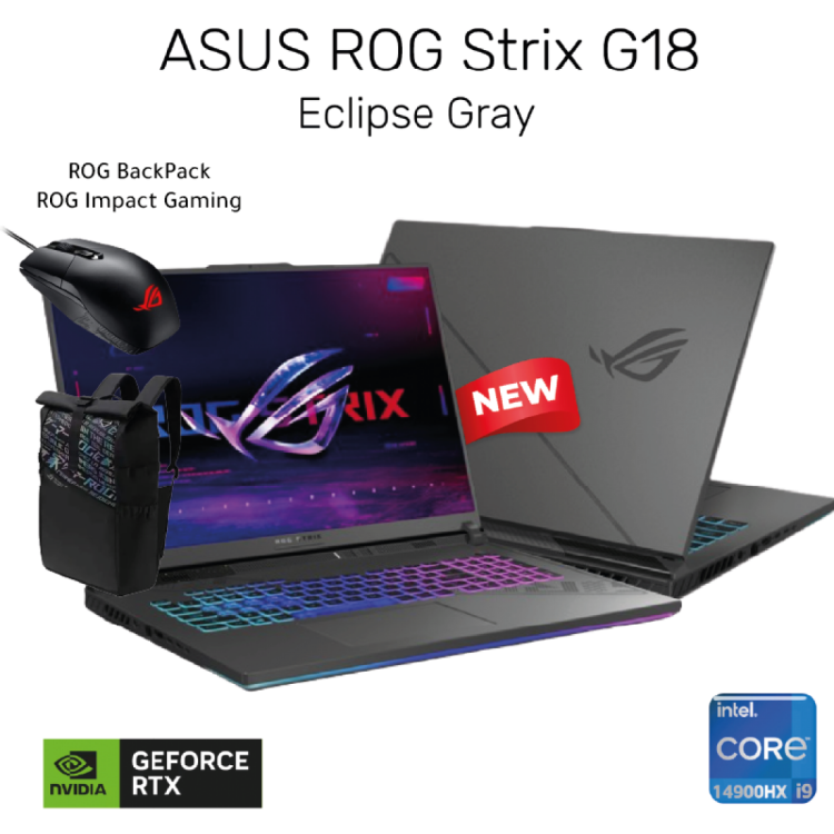 ASUS ROG Strix G18 G814JIR-N6036, Intel® Core™ i9-14900HX, RTX 4070 8GB DDR6, 18" 2.5K, 240Hz - Eclipse Gray + ROG Impact Gaming Mouse