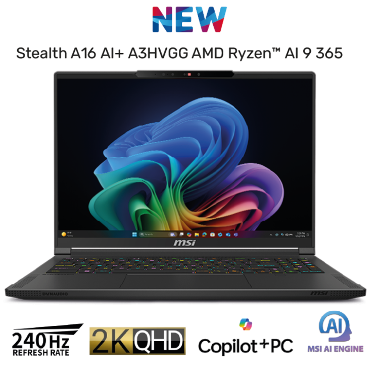 MSI Stealth A16 AI+ A3HVGG AMD Ryzen™ AI 9 365 Up to 73 TOPS, NVIDIA® GeForce RTX™ 4070 8GB GDDR6, 32GB LPDDR5x 7500Hz, 1TB SSD, 16" QHD+ 240Hz Slim