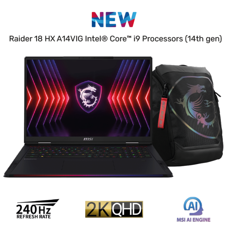 MSI Raider 18 HX A14VIG Intel Core i9-14900HX 14Gen 24 Core RTX 4070 8GB, 32 GB DDR5 , 1TB SSD, 18" QHD+ (2560x1600), 240Hz IPS SteelSeries KB w/ TITAN Gaming Backpack