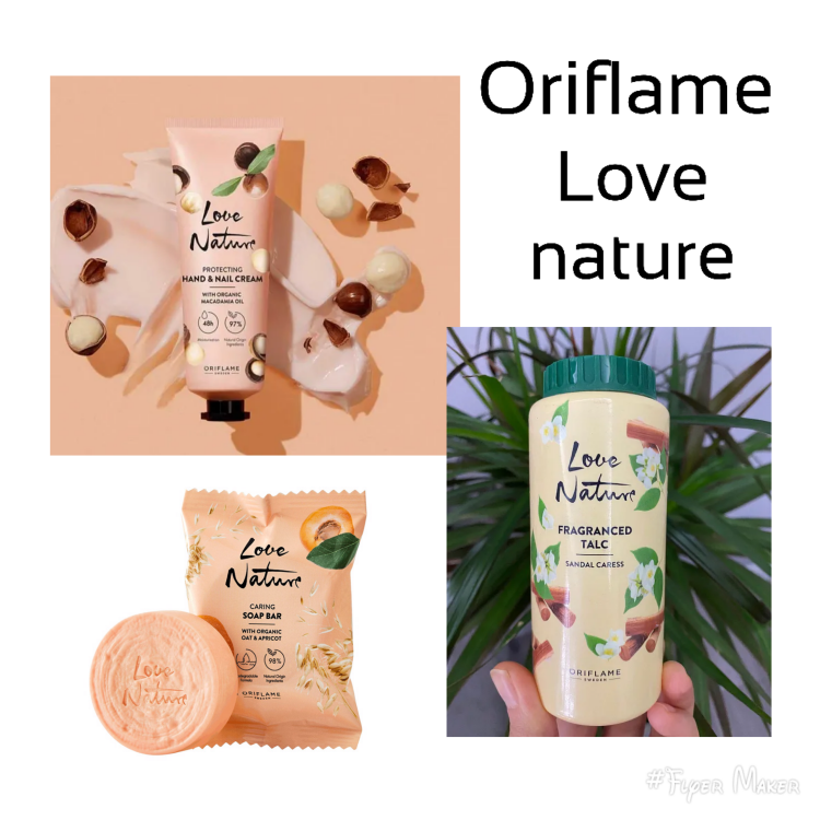 LOVE NATURE Protecting Hand & Nail Cream - LOVE NATURE Fragranced Talc Sandal Caress 100G- LOVE NATURE Caring Soap Bar with Organic Oat & Apricot.    41335 - 45107 - 41260
