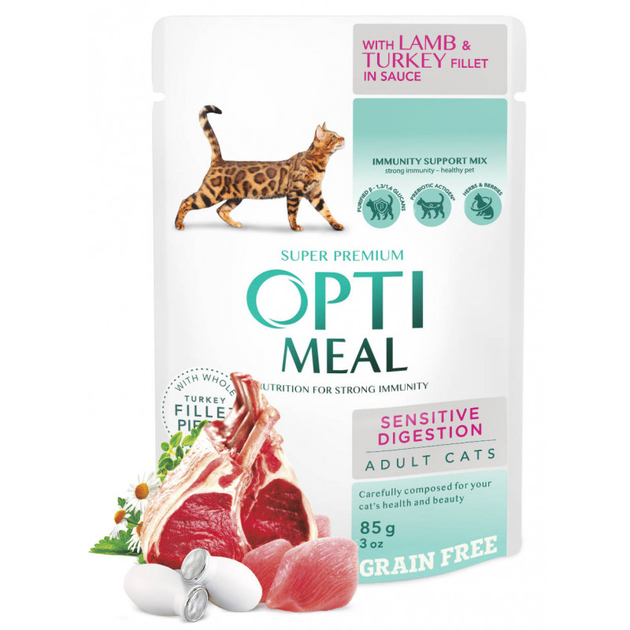 Wet food OPTIMEAL Lamb and turkey fillet in sauce for cats with sensitive digestion 85 g