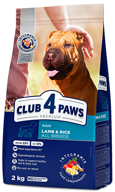 CLUB 4 PAWS Premium Lamb and rice for adult dogs of all breeds. Complete dry pet food, 2 kg