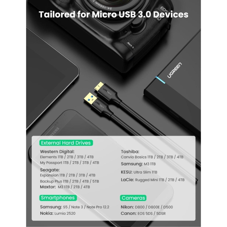 UGREEN USB 3.0 A MALE TO MICRO USB 3.0
MALE CABLE 0.5M MOADEL-10840-US130