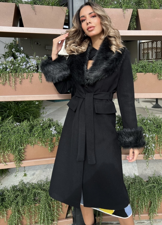 Fuzzy Collar and Cuff Belted Coat 