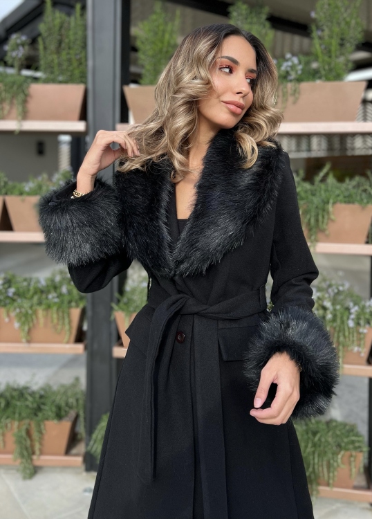 Fuzzy Collar and Cuff Belted Coat 