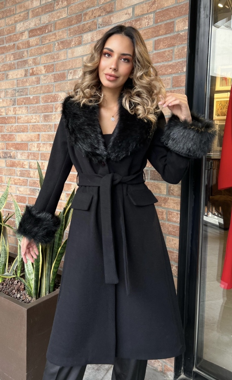 Fuzzy Collar and Cuff Belted Coat 